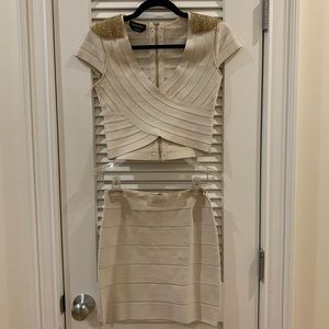 Bebe champagne and gold two piece top and skirt